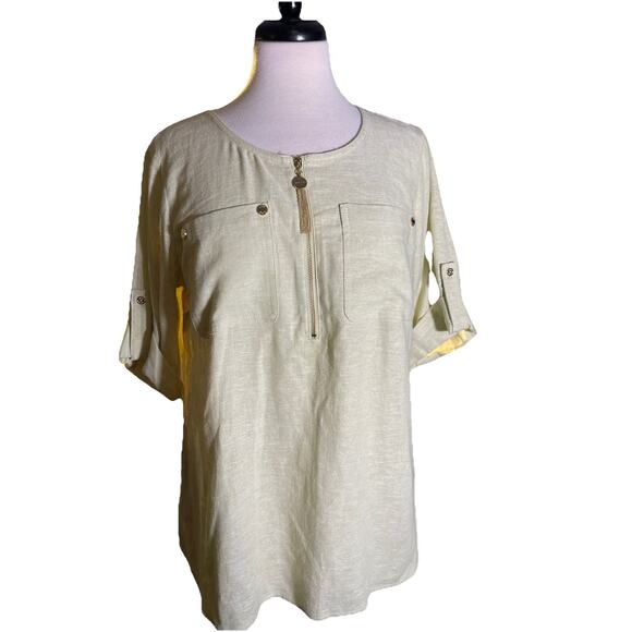 Anne Klein Tops - Anne Klein Women's Tunic Blouse Green Linen w/ Gold Button Zipper Accent Small